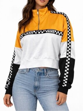 Vans Colorblock Quarter-Zip Pullover in Yellow White Black racing checkers SZ XS